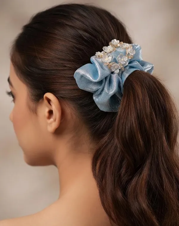The_Shimmering_Floral_Blossom_Scrunchie_Teal_Blue