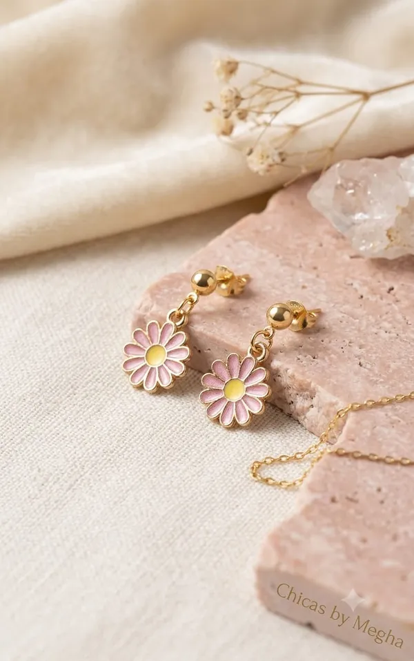 Pink_Stainless_Steel_Enamel_Daisy_Drop_Earrings_For_Women