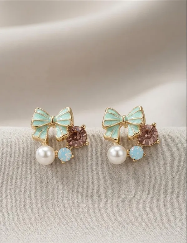 Gold_Mint_Enamel_Bow_Pearl_Stud_Earrings_For_Women