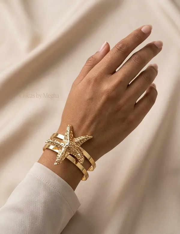 Gold_Stainless_Steel_Textured_Starfish_Cuff_Bracelet_For_Women