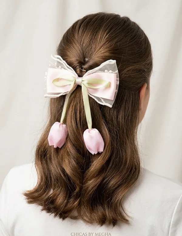 Pink_Satin_Lace_Tulip_Ribbon_Bow_Hair_Clip_For_Women