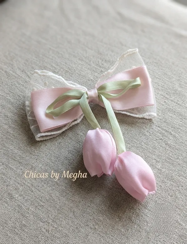 Pink_Satin_Lace_Tulip_Ribbon_Bow_Hair_Clip_For_Women