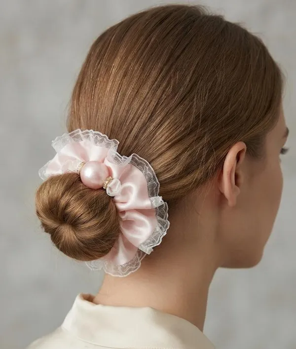 White_Satin_Lace_Pearl_Embellished_Scrunchie_For_Women