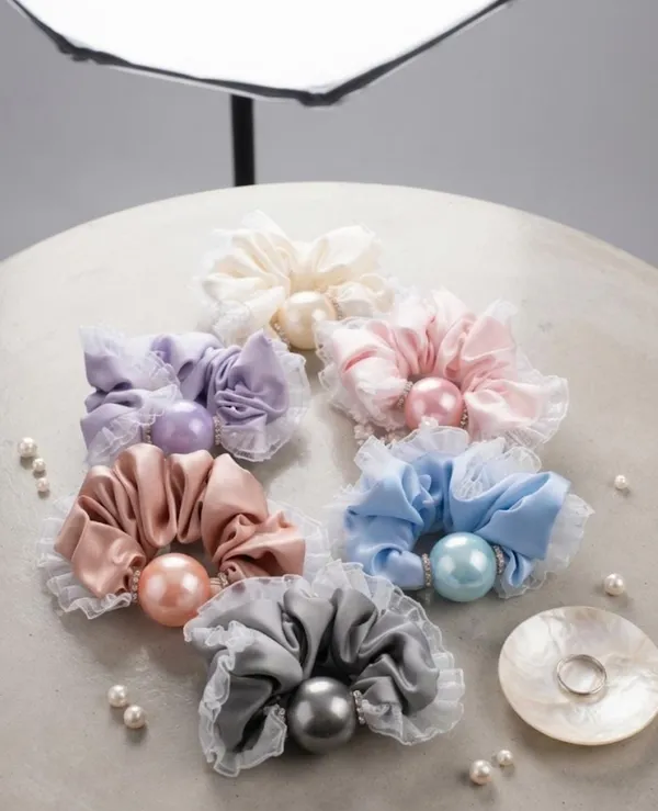 White_Satin_Lace_Pearl_Embellished_Scrunchie_For_Women