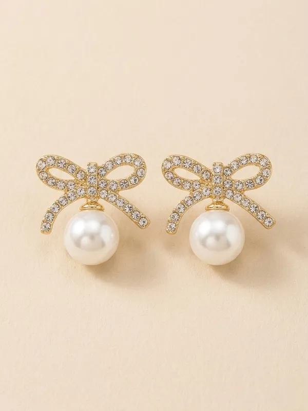 Gold_Alloy_Crystal_Bow_Pearl_Drop_Stud_Earrings_For_Women