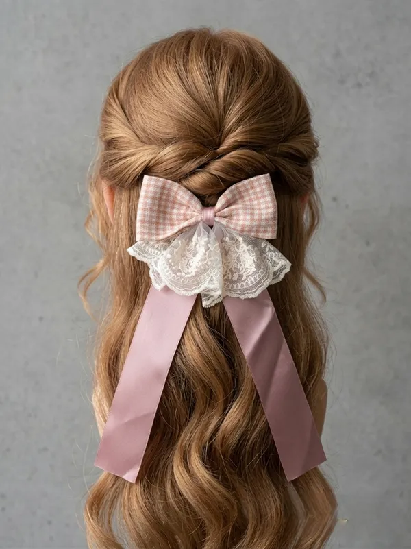 Rose_Gingham_Lace_Satin_Ribbon_Hair_Bow_For_Women