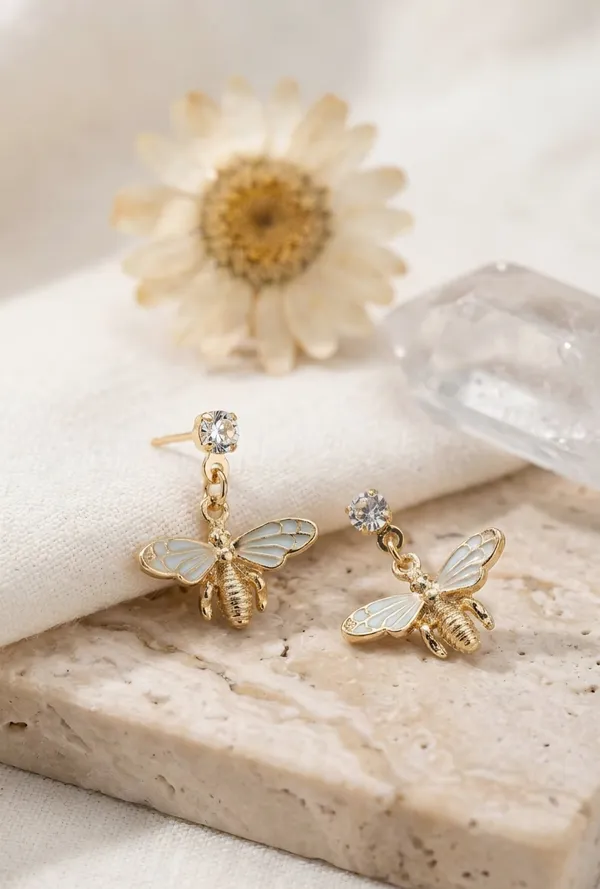 Gold_Enamel_Honeybee_Crystal_Drop_Stud_Earrings_For_Women