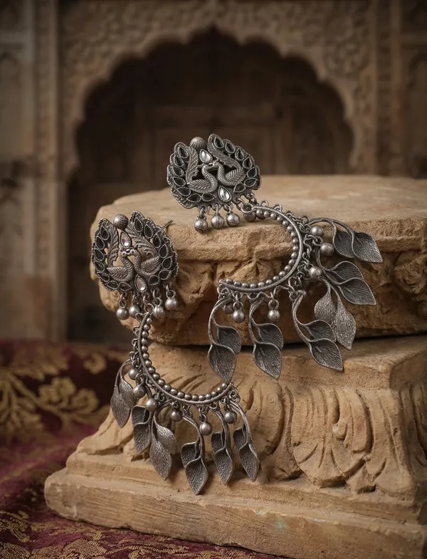 Oxidized_Silver_Alloy_Peacock_Leaf_Dangle_Earrings_For_Women