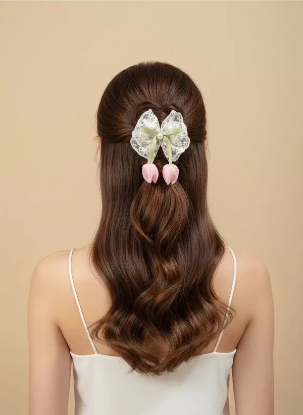 Cream_Lace_Satin_Tulip_Pearl_Bow_Hair_Clip_For_Women