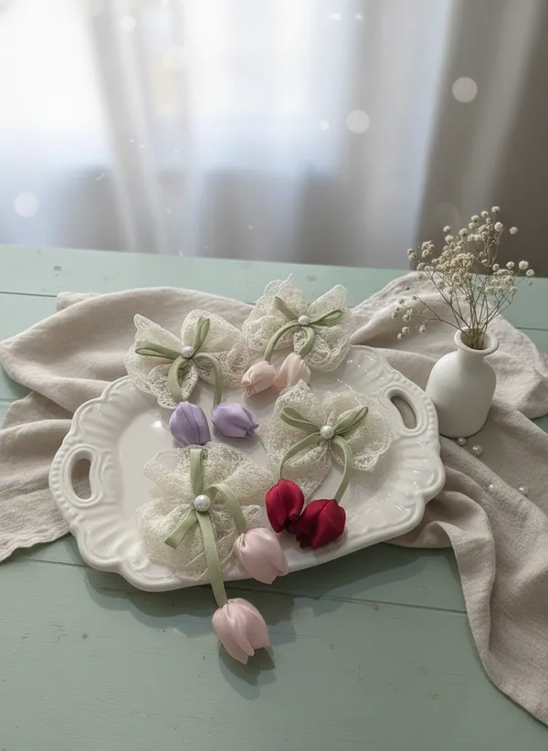 Cream_Lace_Satin_Tulip_Pearl_Bow_Hair_Clip_For_Women