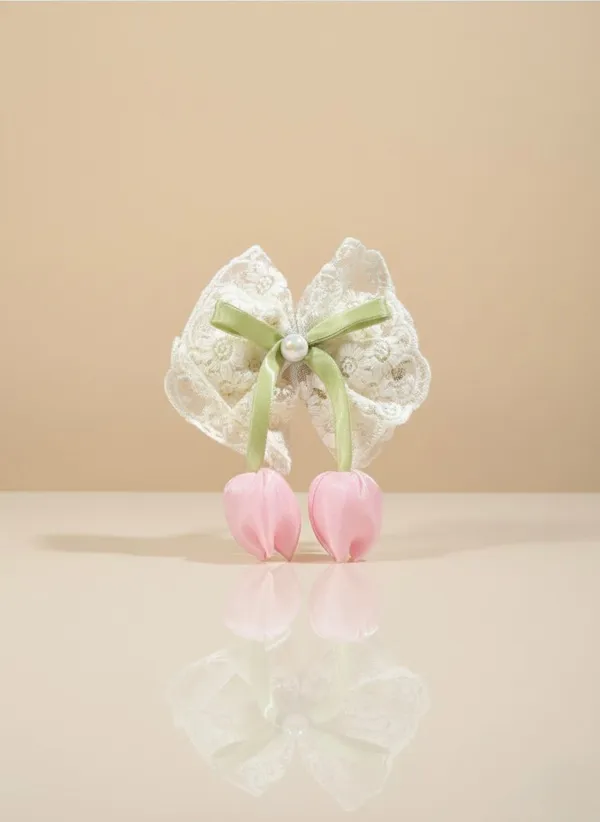 Cream_Lace_Satin_Tulip_Pearl_Bow_Hair_Clip_For_Women