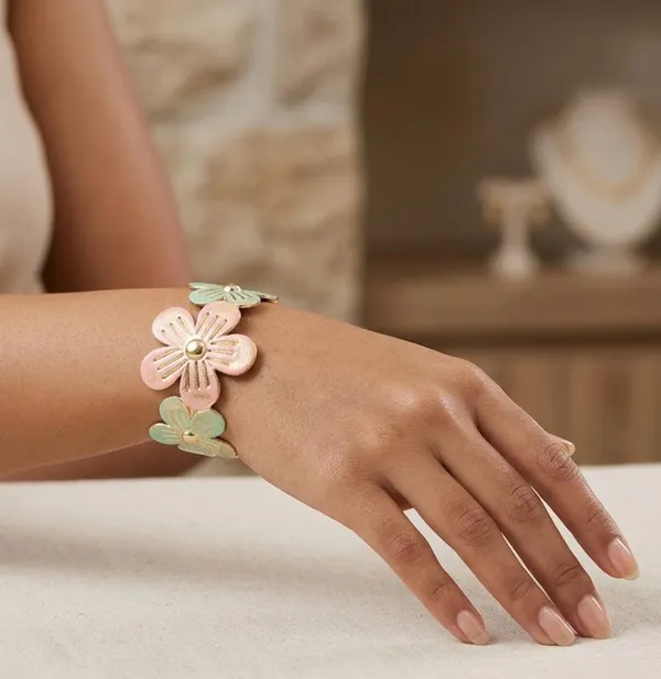 Gold_Alloy_Pastel_Enamel_Floral_Cuff_Bracelet_For_Women