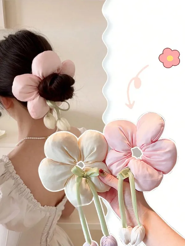 Gold_Polyester_Oversized_Satin_Blossom_Scrunchie_For_Women