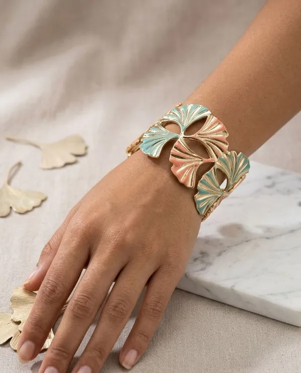 Gold_Stainless_Steel_Ginkgo_Leaf_Enamel_Cuff_Bracelet_For_Women