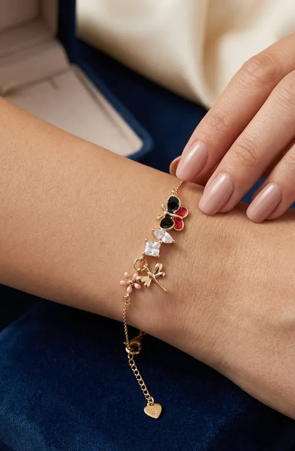 Gold_Enamel_Cubic_Zirconia_Charm_Adjustable_Bracelet_For_Women
