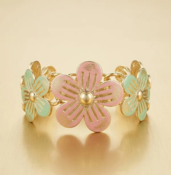 Gold_Stainless_Steel_Pastel_Enamel_Floral_Cuff_Bracelet_For_Women