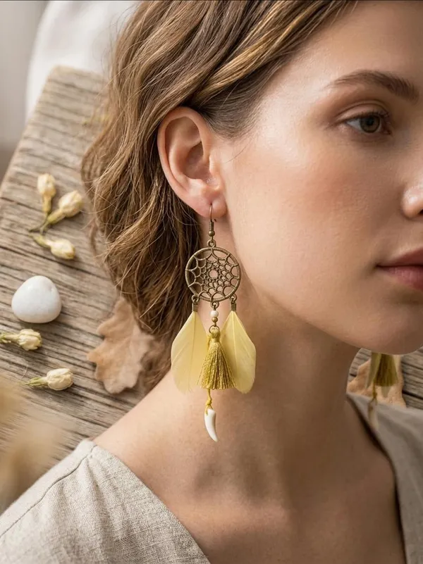Yellow_Bohemian_Dreamcatcher_Tassel_Feather_Earrings_For_Women