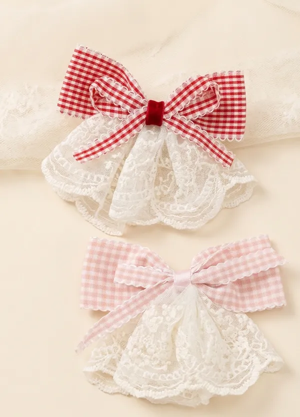 Red_Gingham_Lace_Bow_Hair_Clip_For_Women
