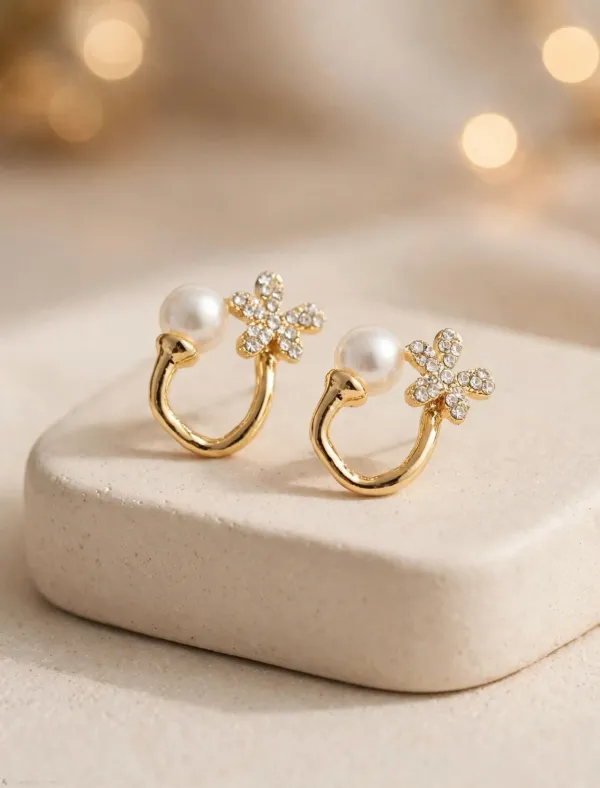Gold_Alloy_Crystal_Fleur_Pearl_Open_Hoop_Stud_Earrings_For_Women