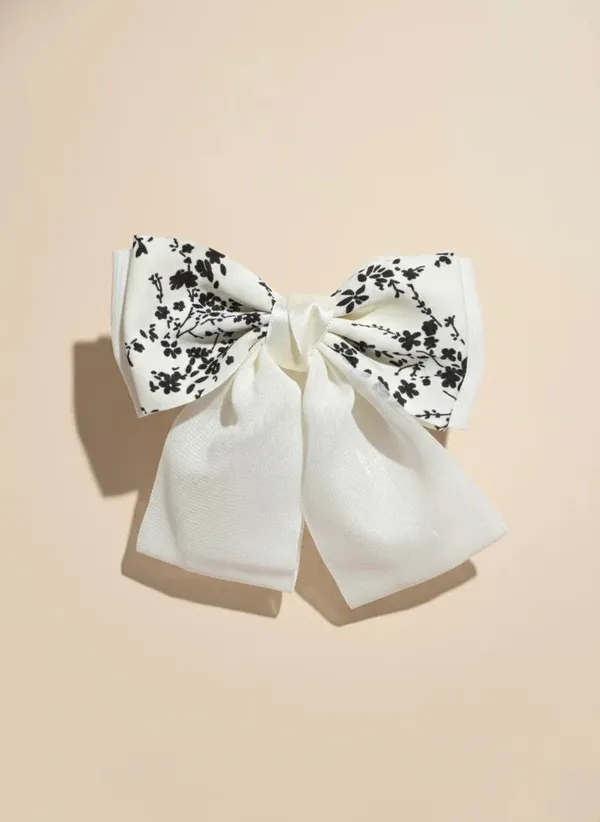 White_Satin_Floral_Print_Alligator_Hair_Bow_For_Women