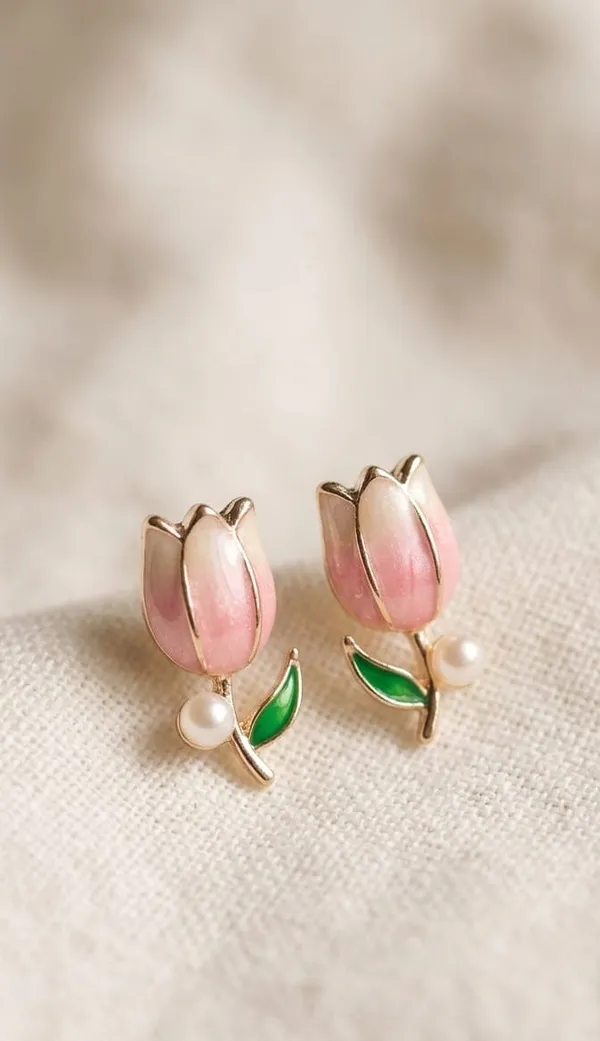 Pink_Stainless_Steel_Enamel_Tulip_Pearl_Drop_Stud_Earrings_For_Women