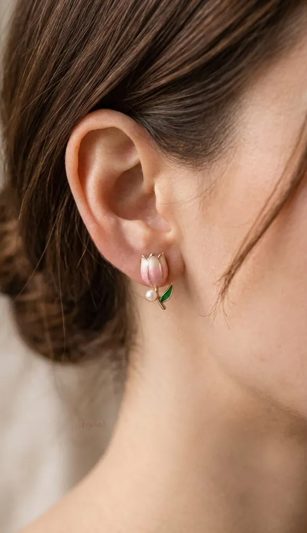 Pink_Stainless_Steel_Enamel_Tulip_Pearl_Drop_Stud_Earrings_For_Women