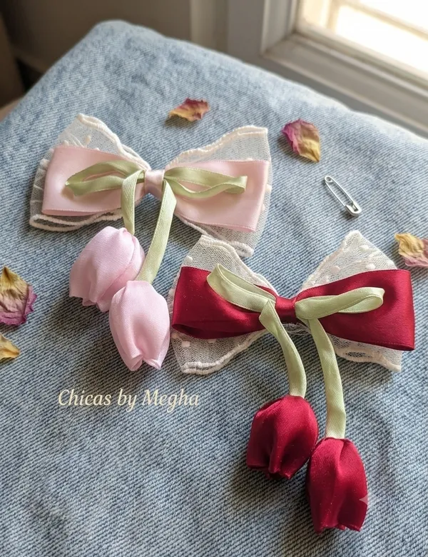 Pink_Satin_Lace_Tulip_Ribbon_Hair_Bow_For_Women