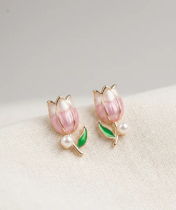 Pink_Enamel_Stainless_Steel_Tulip_Pearl_Drop_Stud_Earrings_For_Women
