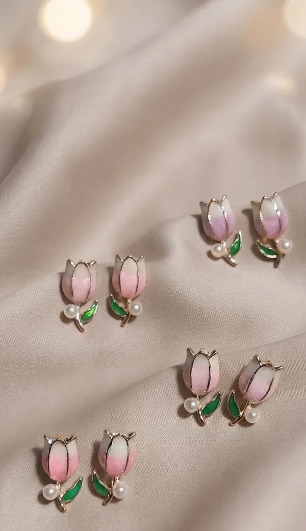 Pink_Enamel_Stainless_Steel_Tulip_Pearl_Drop_Stud_Earrings_For_Women