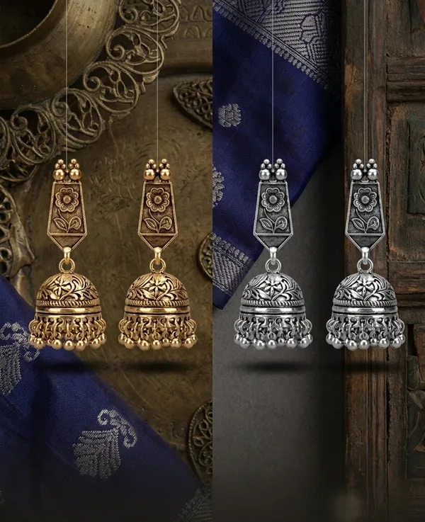 Silver_Alloy_Embossed_Floral_Bell_Jhumka_Earrings_For_Women