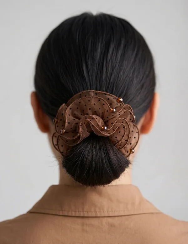 Brown_Polyester_Polka_Dot_Ruffle_Mesh_Scrunchie_For_Women