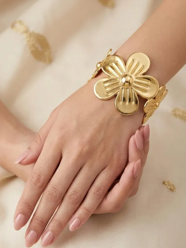 Gold_Stainless_Steel_Marigold_Blossom_Cuff_Bracelet_For_Women