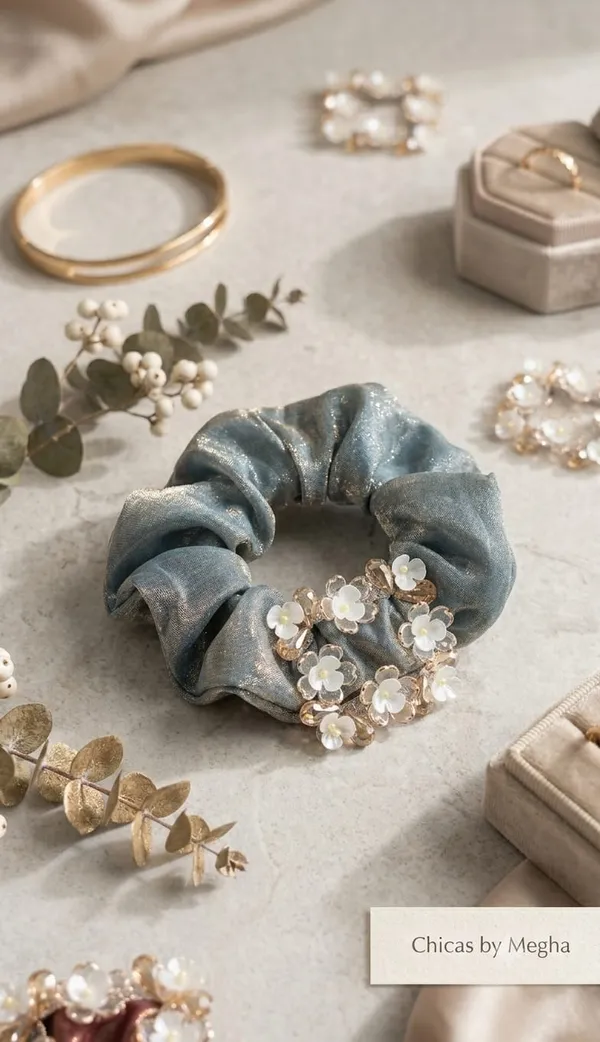 Teal_Blue_Metallic_Floral_Charm_Scrunchie_For_Women