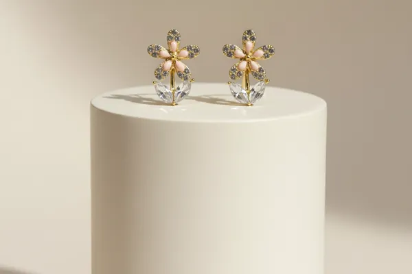 Gold_Alloy_Pave_Crystal_Pink_Enamel_Flower_Stud_Earrings_For_Women