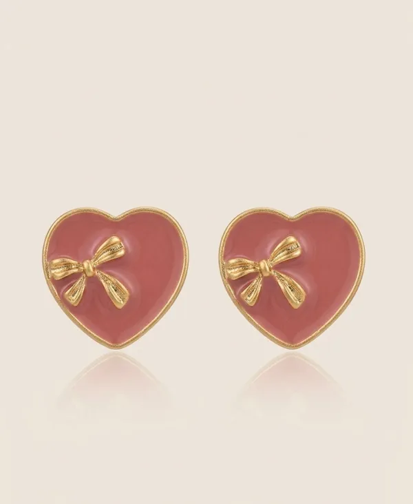 Gold_Alloy_Rose_Enamel_Ribbon_Heart_Stud_Earrings_For_Women