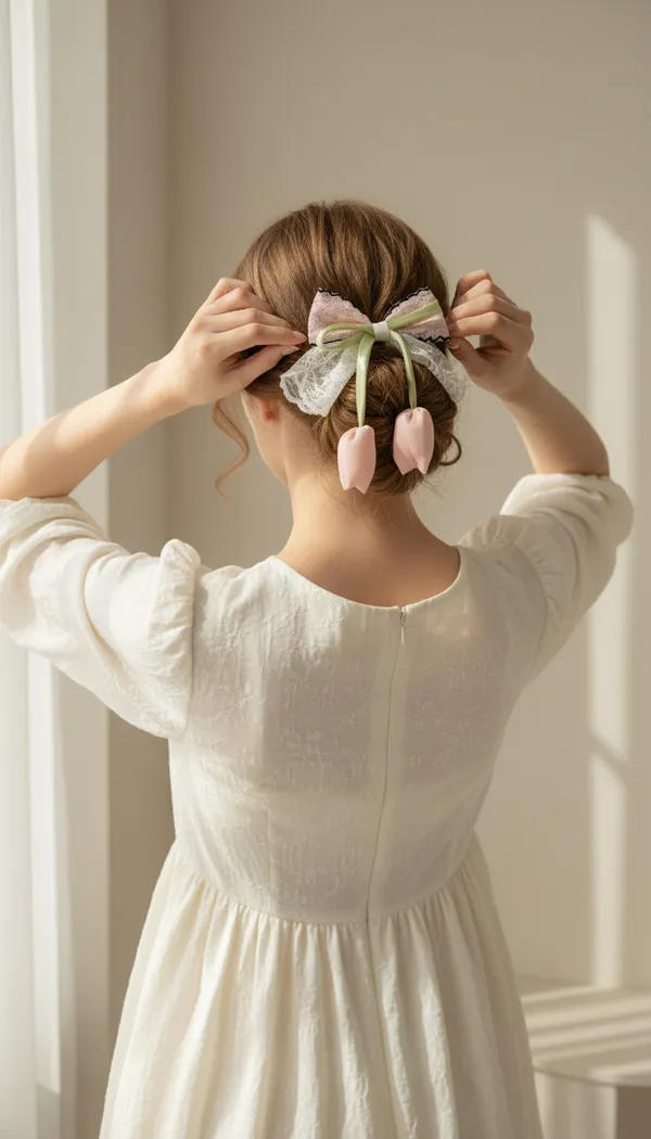 White_Pink_Lace_Tulip_Bow_Hair_Clip_For_Women
