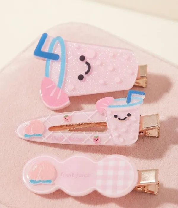 Pink_Acrylic_Kawaii_Fruit_Juice_Hair_Clip_Set_Of_3_For_Women