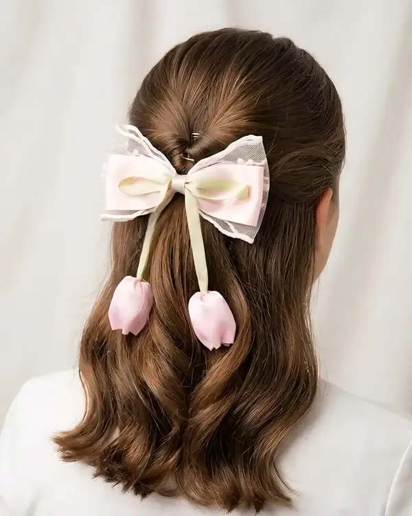Pink_Satin_Lace_Tulip_Ribbon_Bow_Hair_Clip_For_Women
