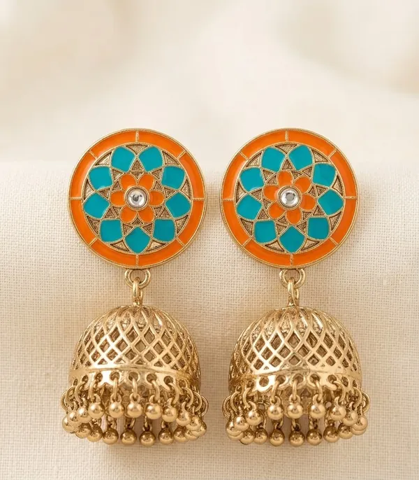 Orange_Turquoise_Enamel_Mandala_Jhumka_Earrings_For_Women