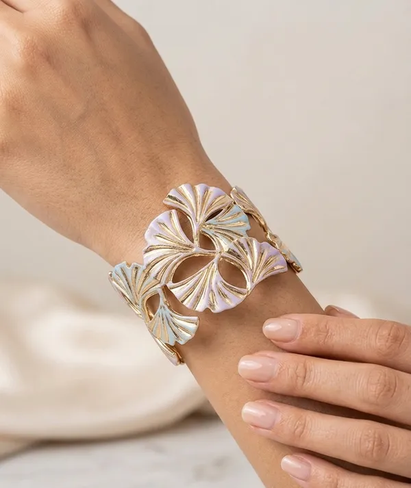 Gold_Teal_Coral_Enamel_Ginkgo_Leaf_Open_Cuff_Bracelet_For_Women