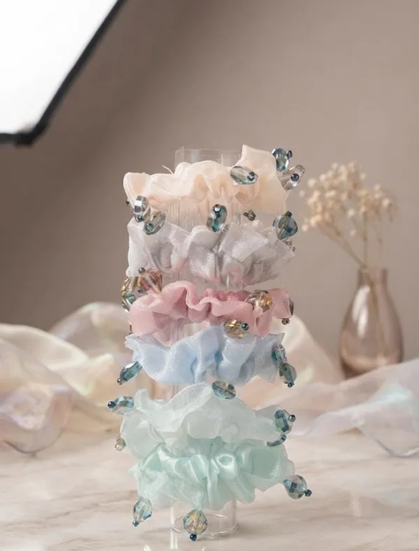 Mint_Green_Organza_Crystal_Beaded_Scrunchie_For_Women