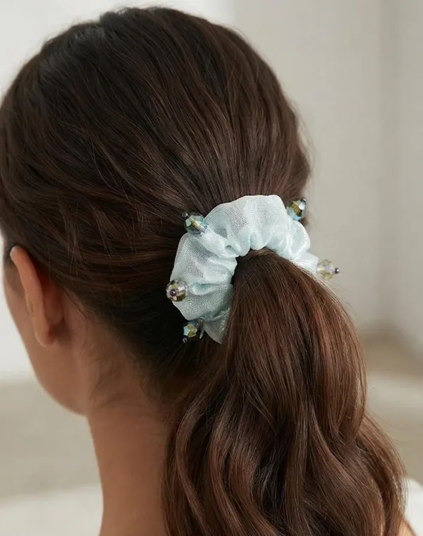 Mint_Green_Organza_Crystal_Beaded_Scrunchie_For_Women