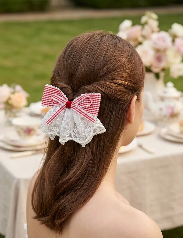 Red_Gingham_Lace_Bow_Alligator_Hair_Clip_For_Women