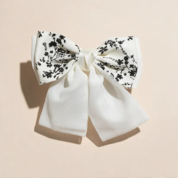 White_Satin_Floral_Print_Alligator_Hair_Bow_For_Women