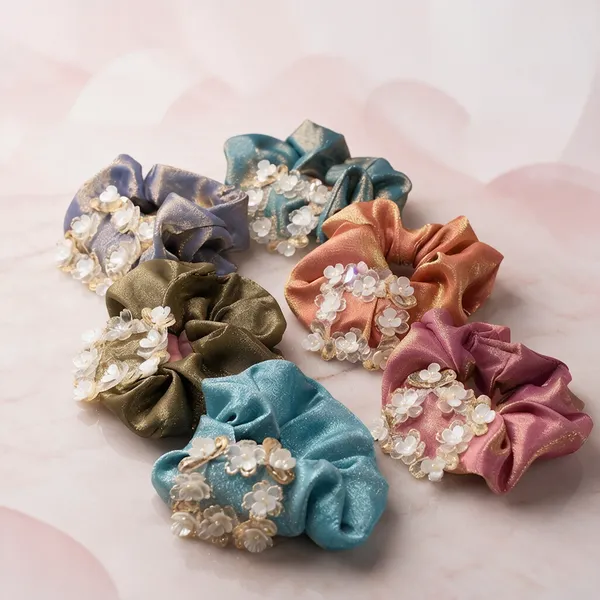 Multicolour_Teal_Metallic_Floral_Charm_Scrunchie_For_Women