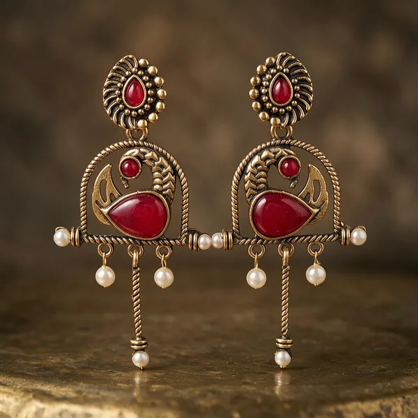 Gold_And_Maroon_Stainless_Steel_Peacock_Engraved_Pearl_Dangle_Earrings_For_Women