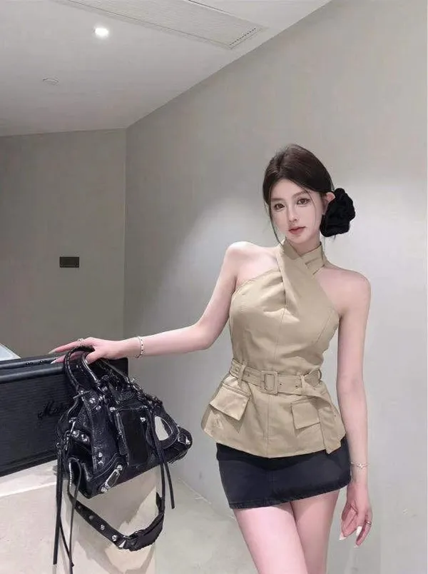 Beige_Stiff_Cotton_Halter_Neck_Top_For_Women