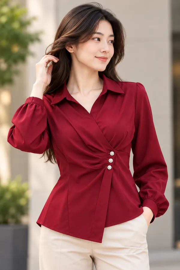 Maroon_Satin_Wrap_Style_Blouse_for_Women