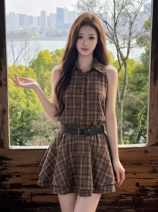 Brown_Cotton_Blend_Sleeveless_Plaid_Midi_Dress_For_Women
