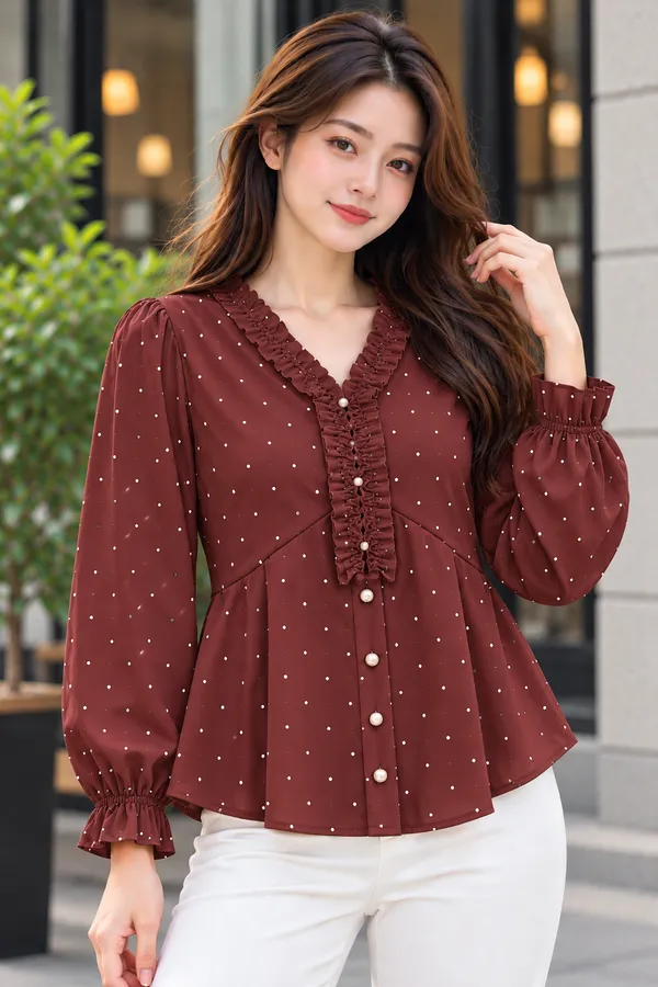 Dark_Rust_Polka_Dot_Ruffle_Top_for_Women